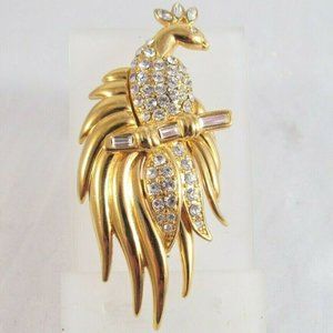 Monet Clear Rhinestone Peacock Brooch Gold Plated Signed Pin Vintage